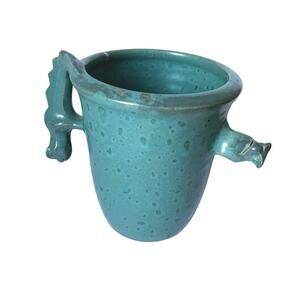 Vintage 93 Signed Harland Studio Pottery Lizard Handles 7" High Seafoam Green